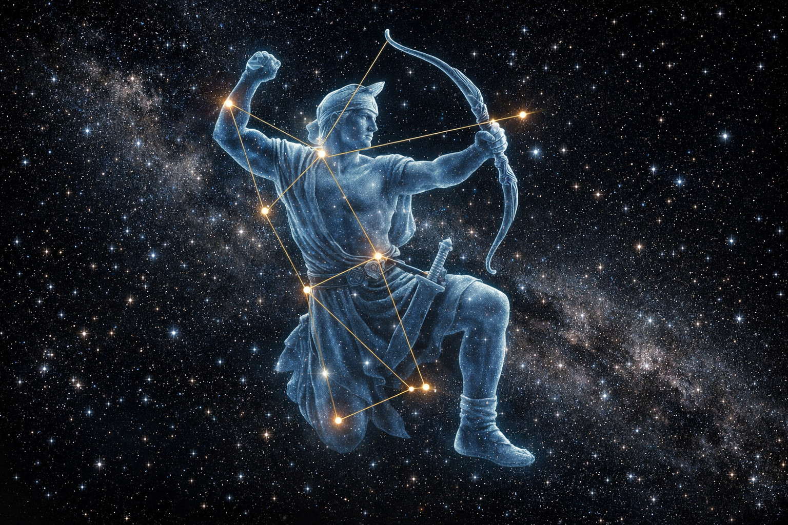 Orion constellation with mythological overlay art against a real starfield