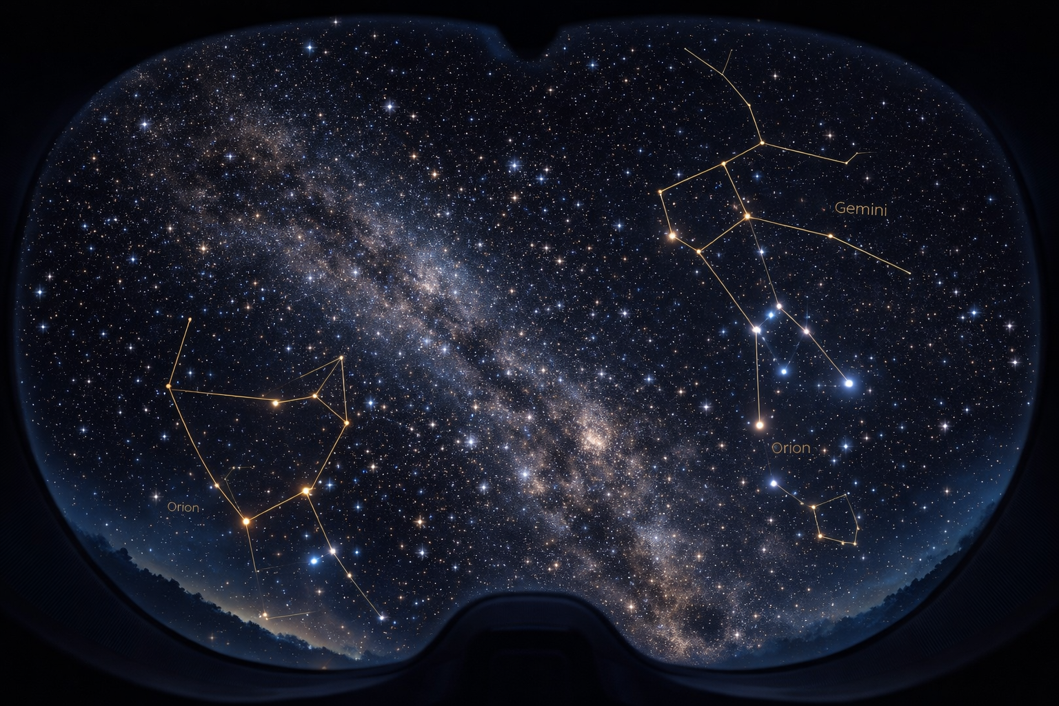 Student wearing VR headset immersed in a 360-degree starfield planetarium